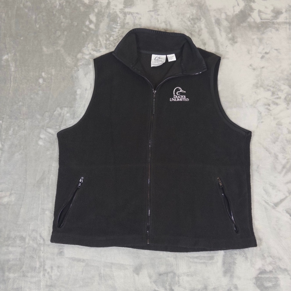 Ducks Unlimited Fleece Vest Mens XL Black Full Zip Embroidered Logo Hunting Gorp